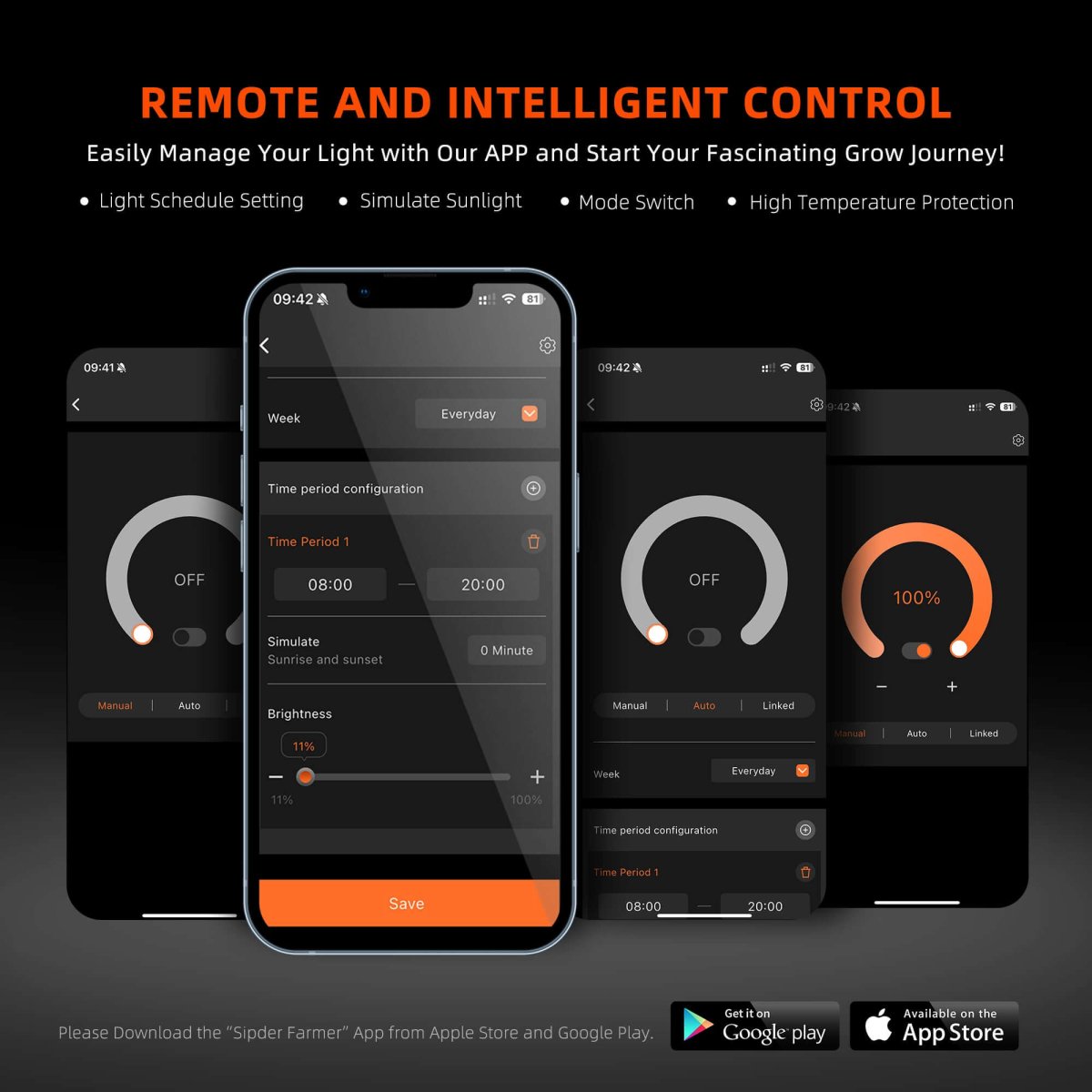 Spider Farmer SE1500 smart app control screen for adjusting brightness and scheduling