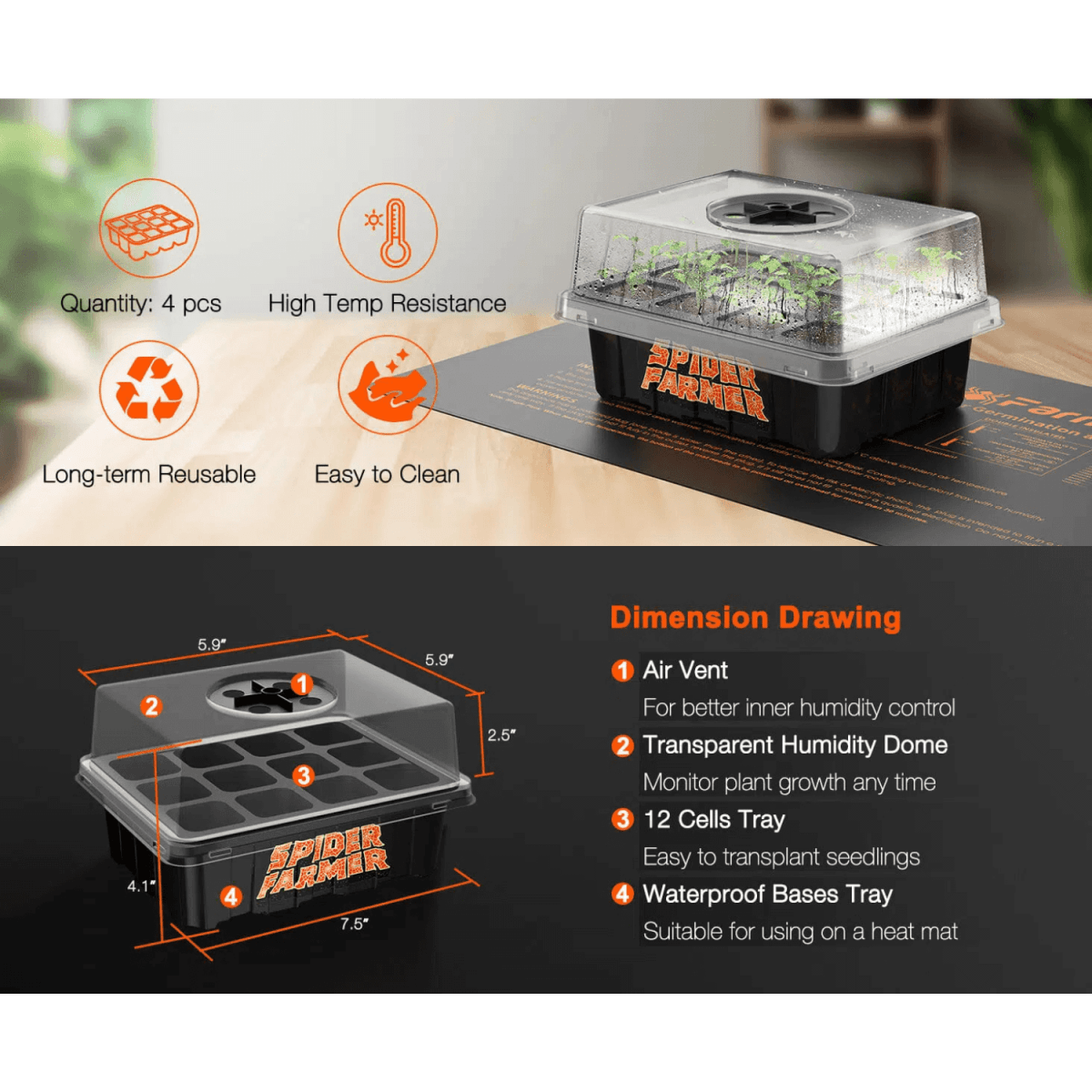 Spider Farmer Seed Starting Trays (4 - Pack) | 12 - Cell Trays with Domes for Optimal Germination - Ed's Plant Shop