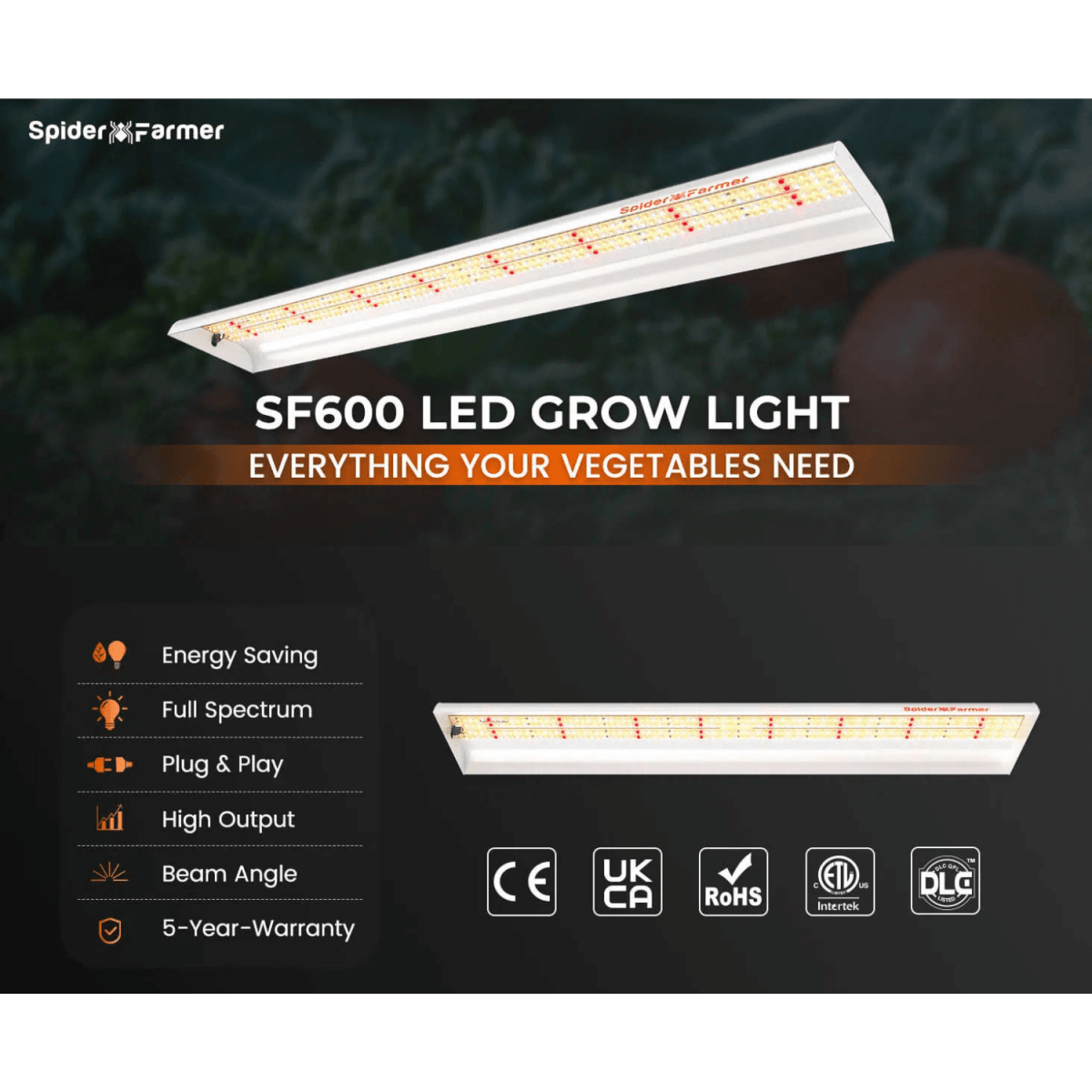 Spider Farmer SF600 74W LED Veg Grow Light | Full Spectrum Energy - Efficient Lighting - Ed's Plant Shop
