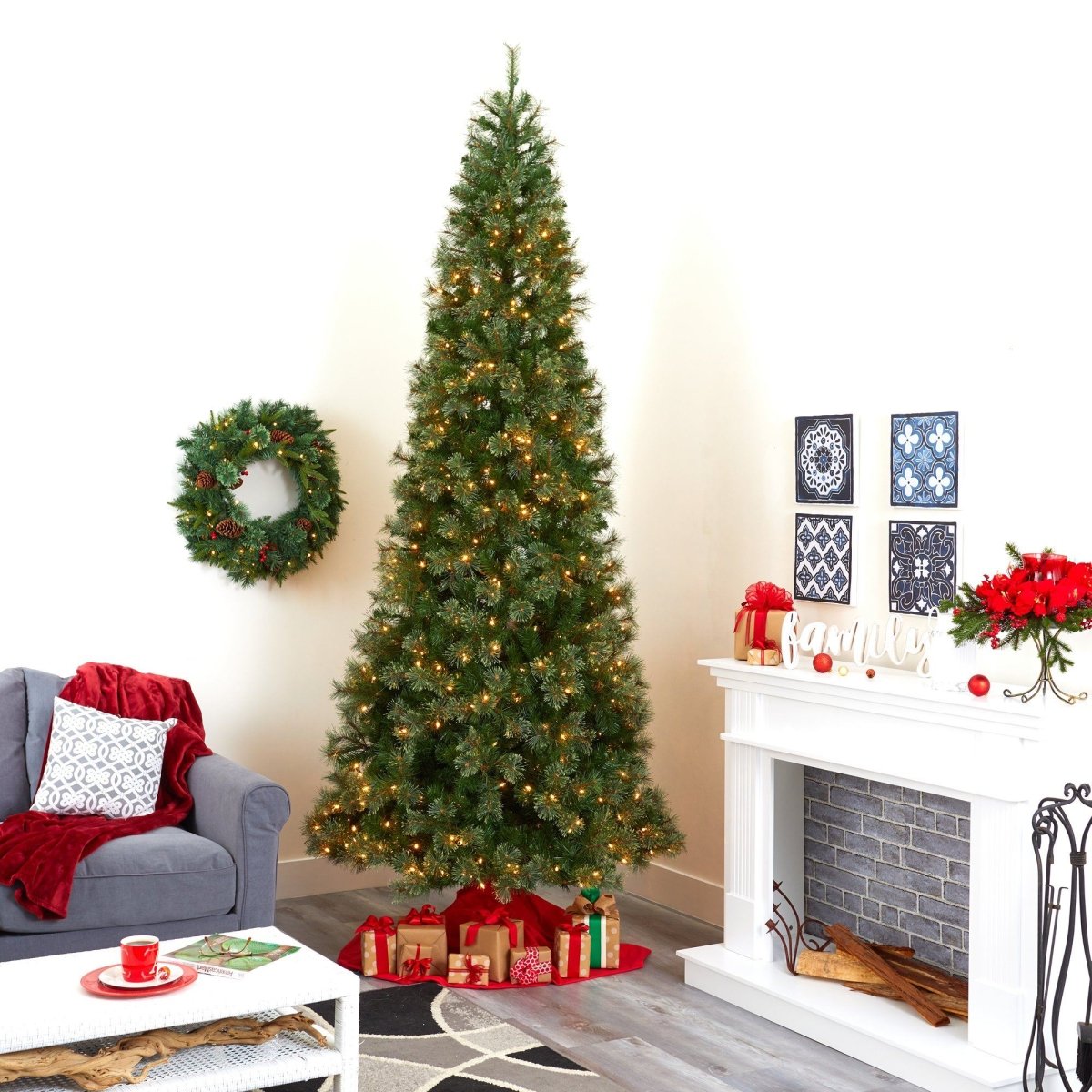 10' Cashmere Slim Artificial Christmas Tree with 750 Warm White LED Lights - Ed's Plant Shop