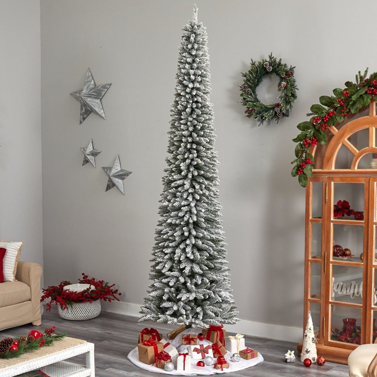 10' Flocked Pencil Artificial Christmas Tree | Slim Design & 700 Lights - Ed's Plant Shop