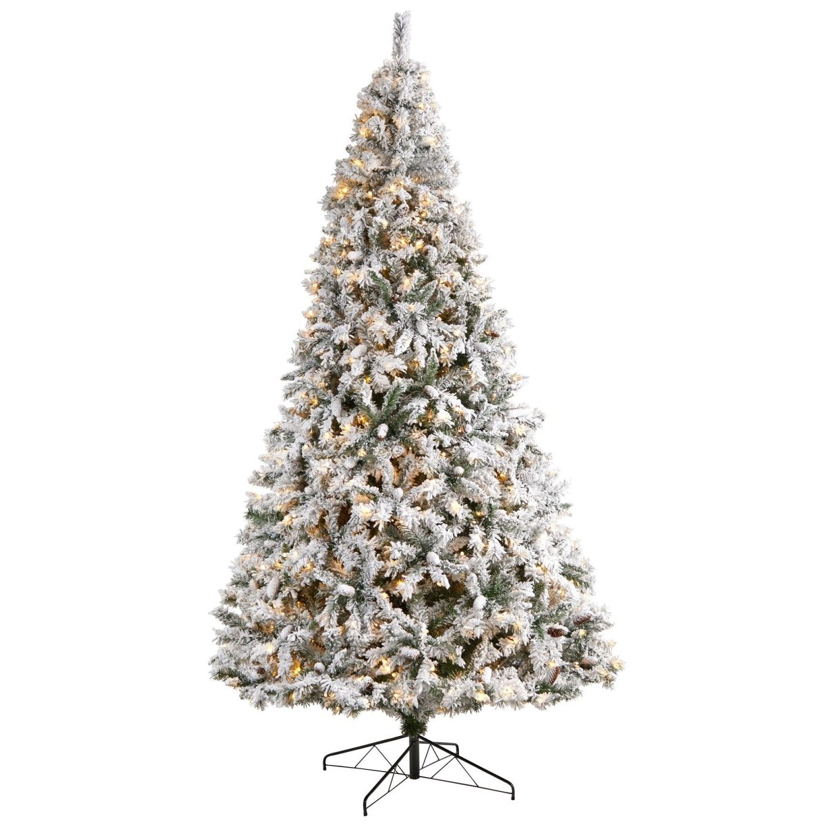 10' Flocked White River Mountain Pine Christmas Tree with Pinecones and 800 Clear LED Lights - Ed's Plant Shop