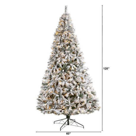 10' Flocked White River Mountain Pine Christmas Tree with Pinecones and 800 Clear LED Lights - Ed's Plant Shop