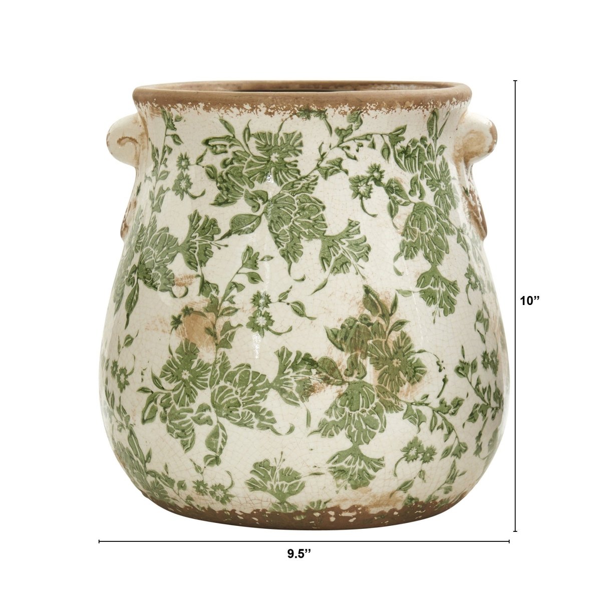 10” Tuscan Ceramic Green Scroll Planter with Handles | Rustic Farmhouse Vase - Ed's Plant Shop