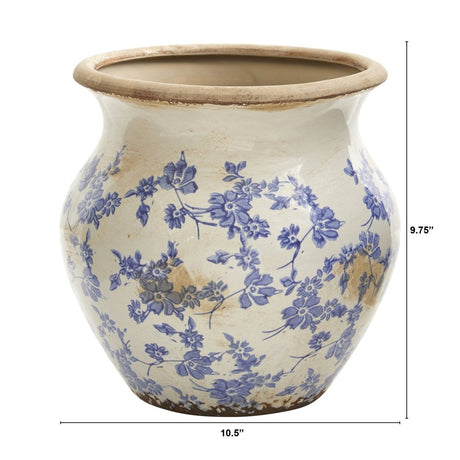 10.5” Tuscan Ceramic Blue Scroll Urn Vase - Ed's Plant Shop