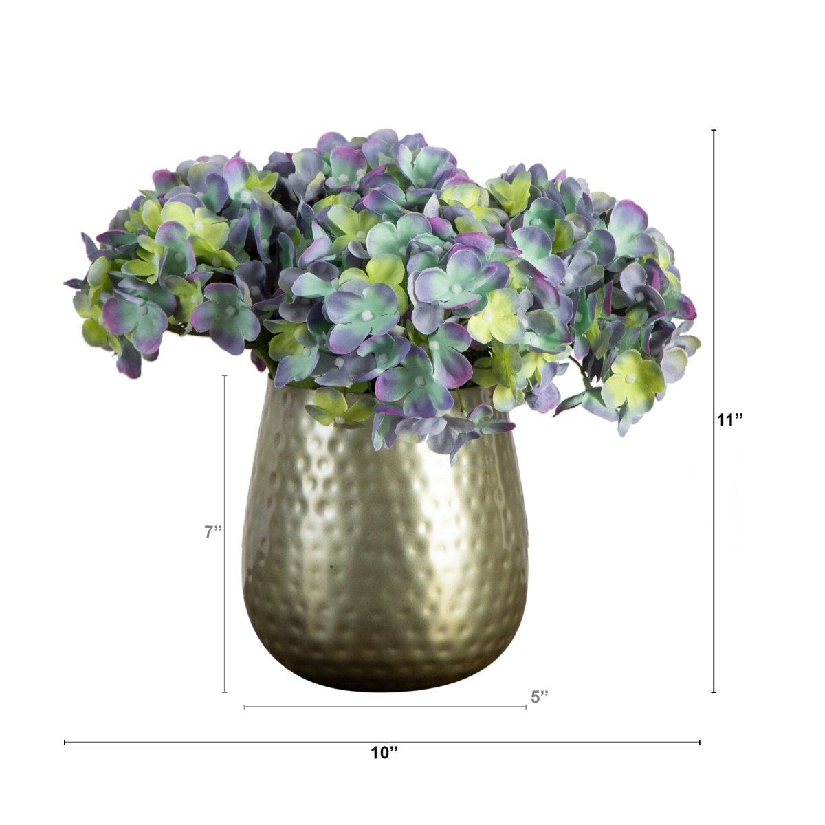 11” Artificial Hydrangea Arrangement in Gold Metal Vase - Ed's Plant Shop