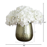 11” Artificial Hydrangea Arrangement in Gold Metal Vase - Ed's Plant Shop