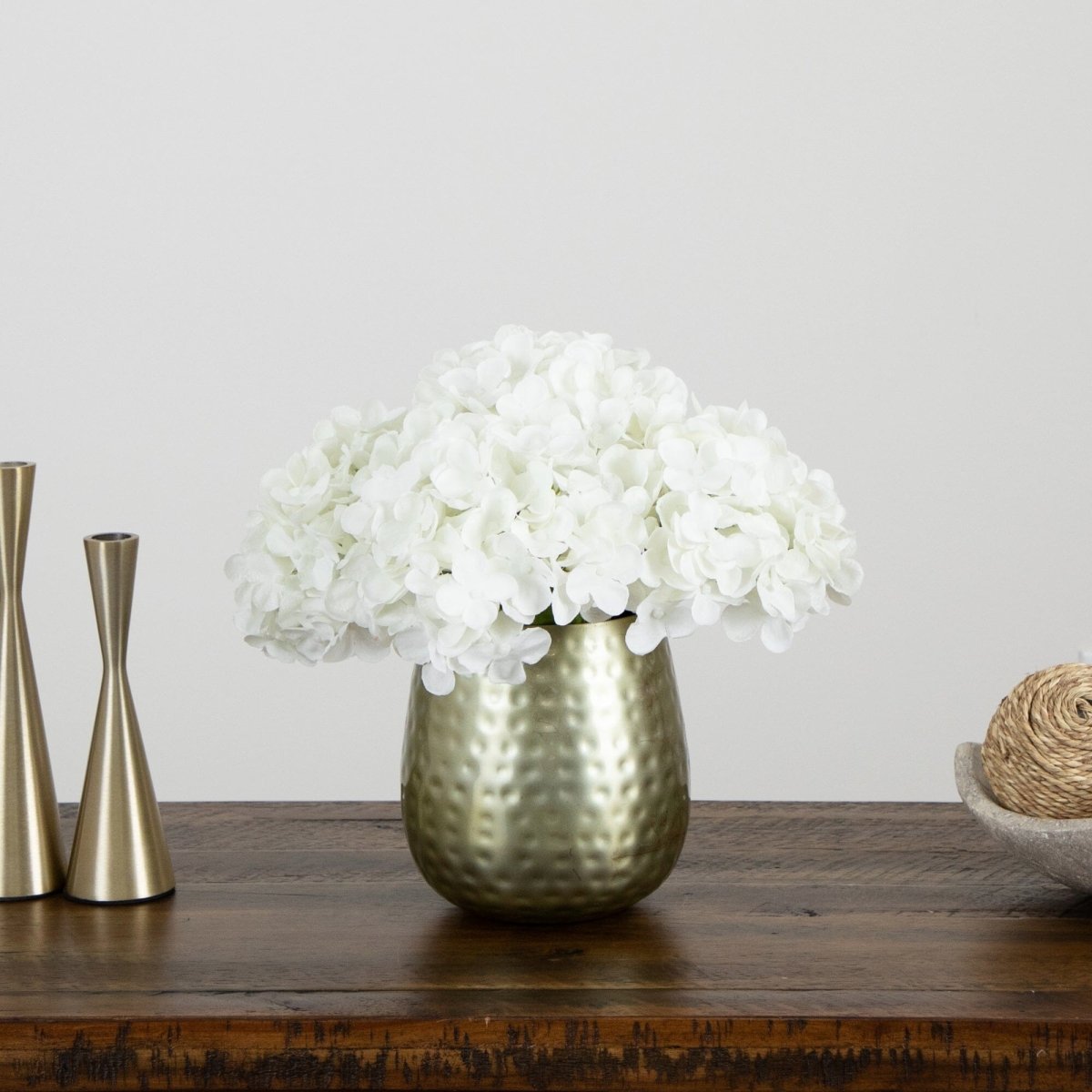 11” Artificial Hydrangea Arrangement in Gold Metal Vase - Ed's Plant Shop