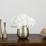 11” Artificial Hydrangea Arrangement in Gold Metal Vase - Ed's Plant Shop