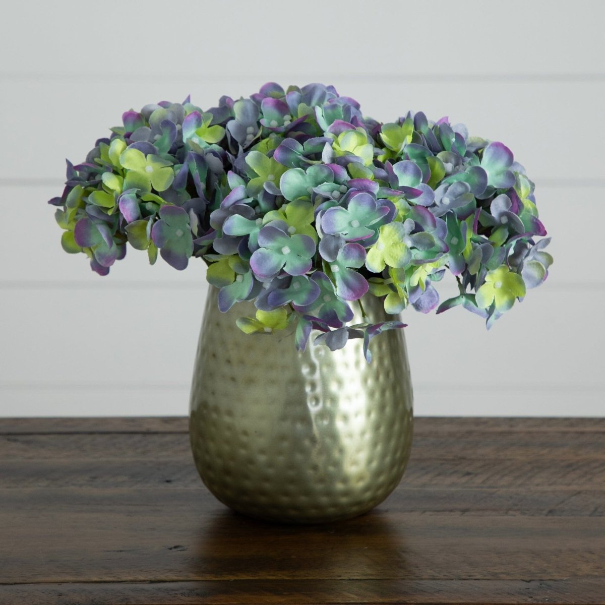 11” Artificial Hydrangea Arrangement in Gold Metal Vase - Ed's Plant Shop