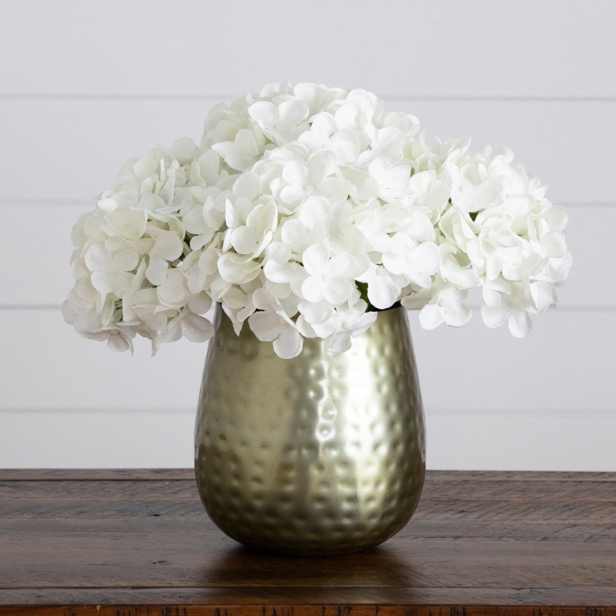 11” Artificial Hydrangea Arrangement in Gold Metal Vase - Ed's Plant Shop