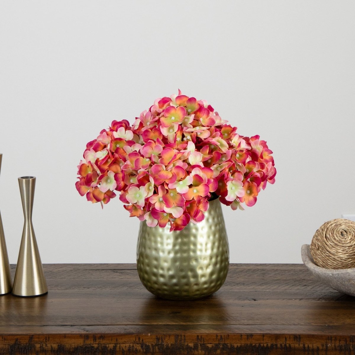 11” Artificial Hydrangea Arrangement in Gold Metal Vase - Ed's Plant Shop