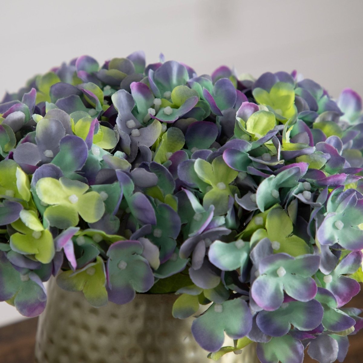 11” Artificial Hydrangea Arrangement in Gold Metal Vase - Ed's Plant Shop