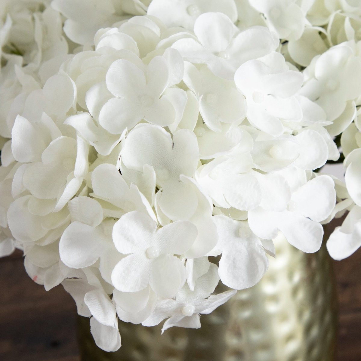 11” Artificial Hydrangea Arrangement in Gold Metal Vase - Ed's Plant Shop