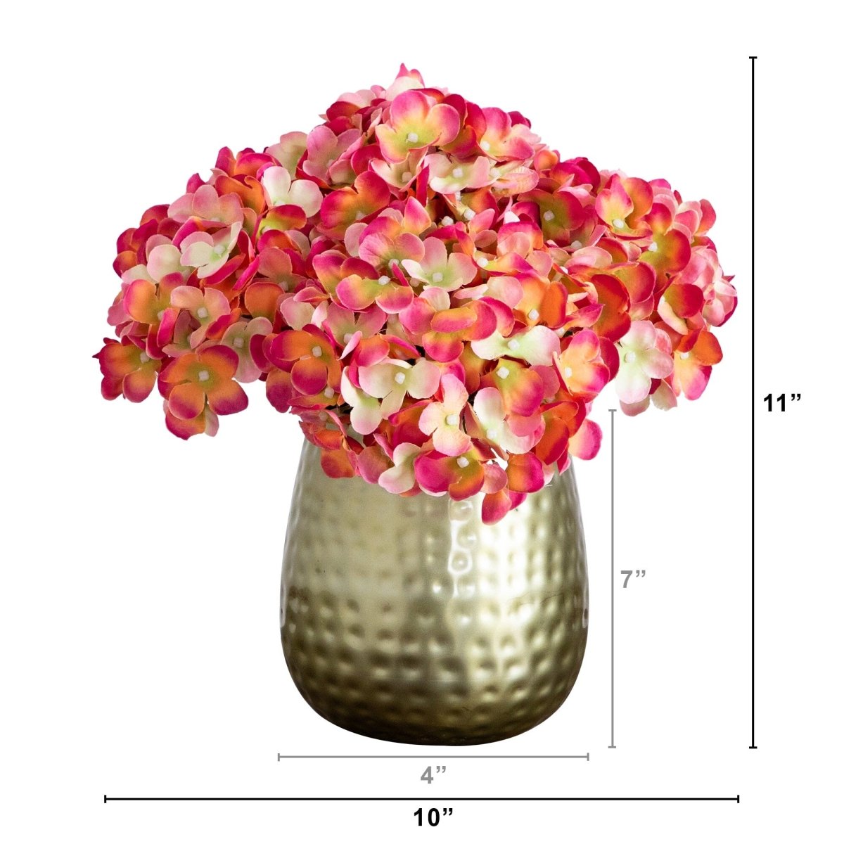 11” Artificial Hydrangea Arrangement in Gold Metal Vase - Ed's Plant Shop