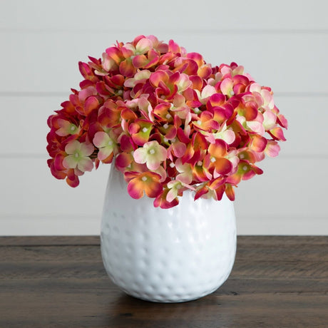 11” Artificial Hydrangea Arrangement in White Metal Vase - Ed's Plant Shop