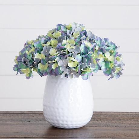 11” Artificial Hydrangea Arrangement in White Metal Vase - Ed's Plant Shop