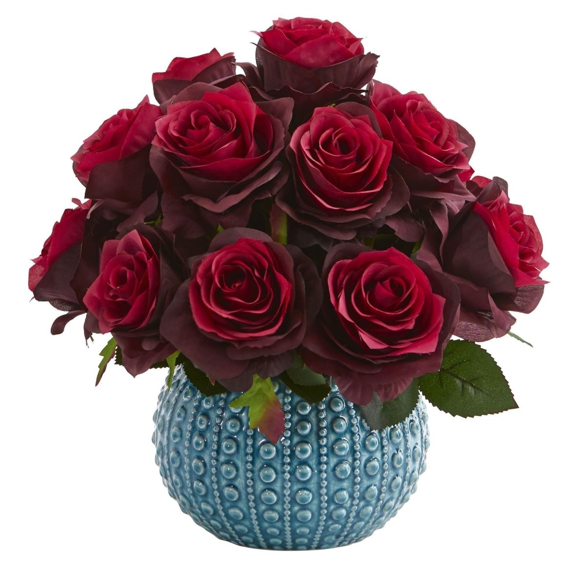 11.5’’ Rose Artificial Arrangement in Blue Ceramic Vase - Ed's Plant Shop