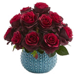 11.5’’ Rose Artificial Arrangement in Blue Ceramic Vase - Ed's Plant Shop