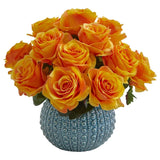 11.5’’ Rose Artificial Arrangement in Blue Ceramic Vase - Ed's Plant Shop