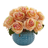 11.5’’ Rose Artificial Arrangement in Blue Ceramic Vase - Ed's Plant Shop