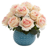 11.5’’ Rose Artificial Arrangement in Blue Ceramic Vase - Ed's Plant Shop