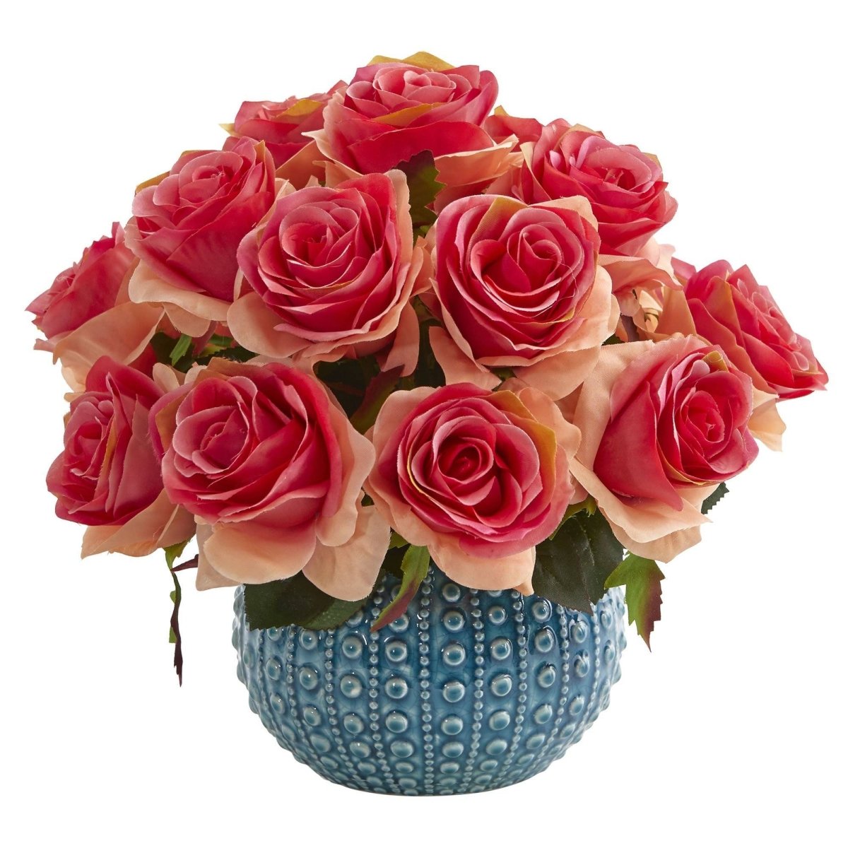 11.5’’ Rose Artificial Arrangement in Blue Ceramic Vase - Ed's Plant Shop