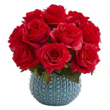 11.5’’ Rose Artificial Arrangement in Blue Ceramic Vase - Ed's Plant Shop