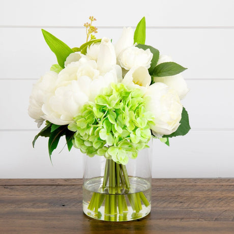 12" Artificial Peony, Hydrangea, and Tulip Arrangement in Glass Vase - Ed's Plant Shop