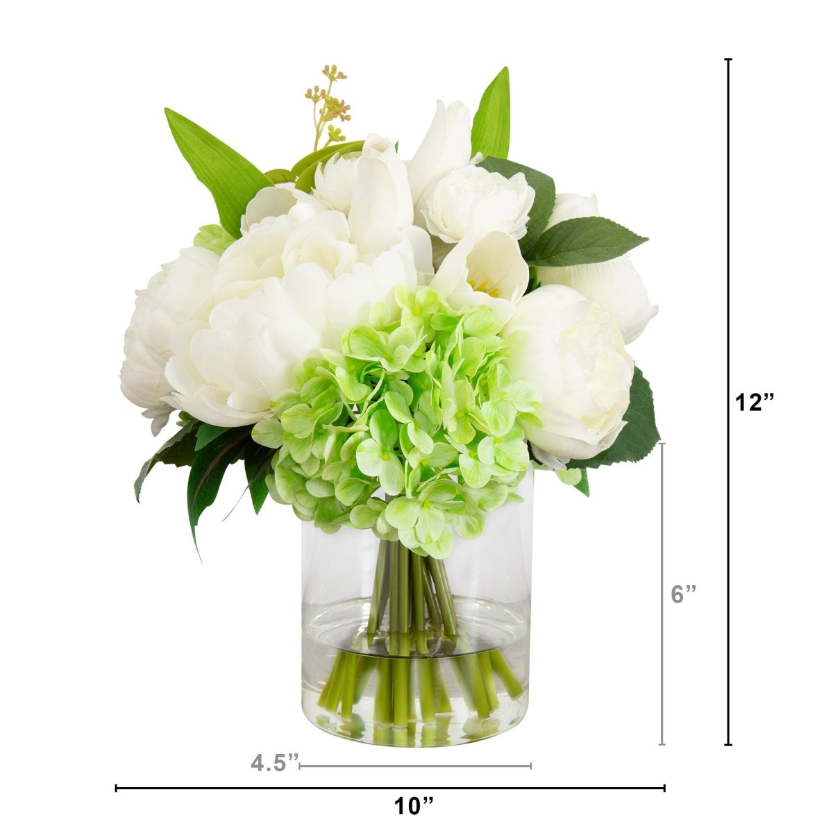 12" Artificial Peony, Hydrangea, and Tulip Arrangement in Glass Vase - Ed's Plant Shop