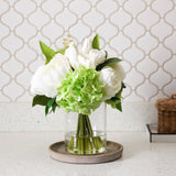 12" Artificial Peony, Hydrangea, and Tulip Arrangement in Glass Vase - Ed's Plant Shop