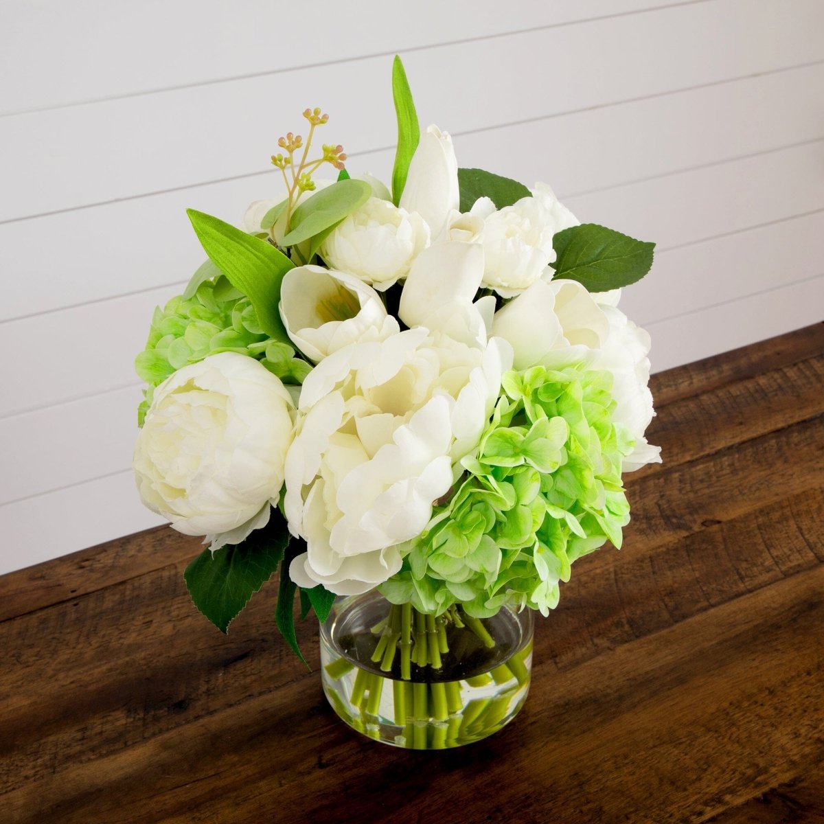 12" Artificial Peony, Hydrangea, and Tulip Arrangement in Glass Vase - Ed's Plant Shop