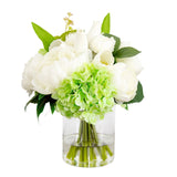 12" Artificial Peony, Hydrangea, and Tulip Arrangement in Glass Vase - Ed's Plant Shop