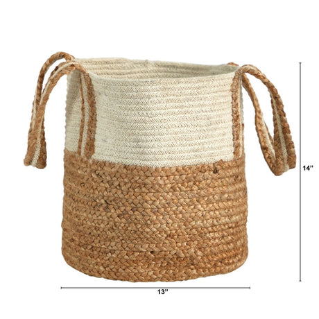 14” Boho Chic Basket Natural Cotton and Jute with Handles - Ed's Plant Shop