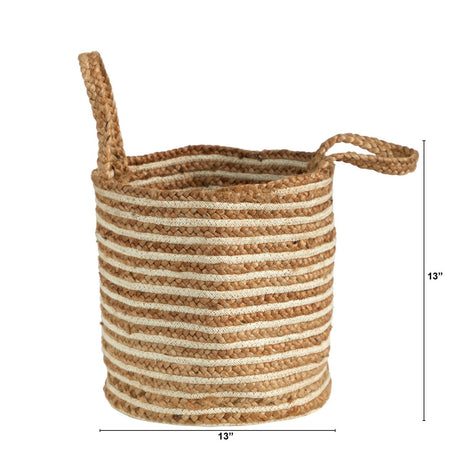 14” Boho Chic Basket – Natural Cotton & Jute with Handwoven Stripe and Handles - Ed's Plant Shop