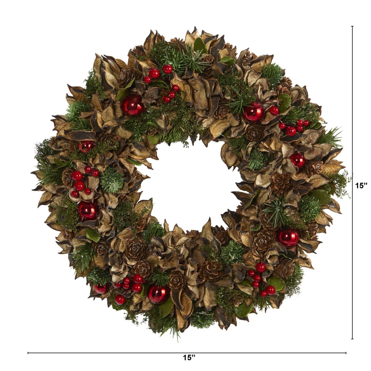 15” Holiday Artificial Wreath with Pine Cones & Ornaments – Festive Décor for Any Space - Ed's Plant Shop