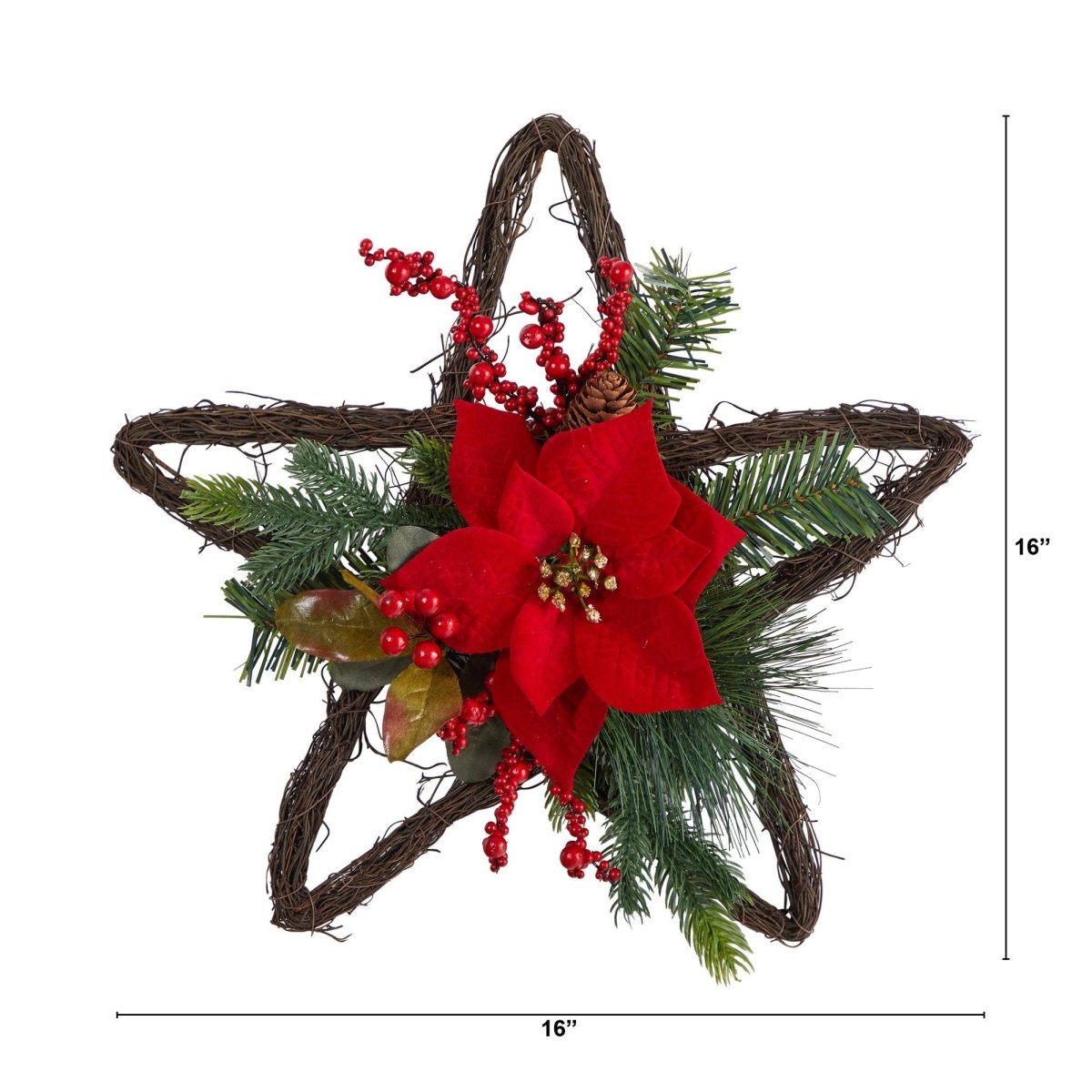 16” Holiday Christmas Poinsettia Star Twig Wreath - Ed's Plant Shop