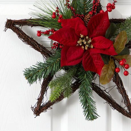 16” Holiday Christmas Poinsettia Star Twig Wreath - Ed's Plant Shop