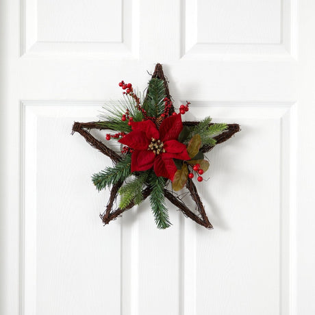 16” Holiday Christmas Poinsettia Star Twig Wreath - Ed's Plant Shop