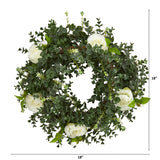 18” Eucalyptus and Camellia Double Ring Artificial Wreath with Twig Base - Ed's Plant Shop