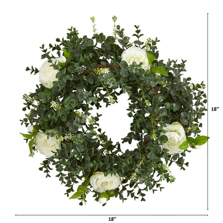 18” Eucalyptus and Camellia Double Ring Artificial Wreath with Twig Base - Ed's Plant Shop