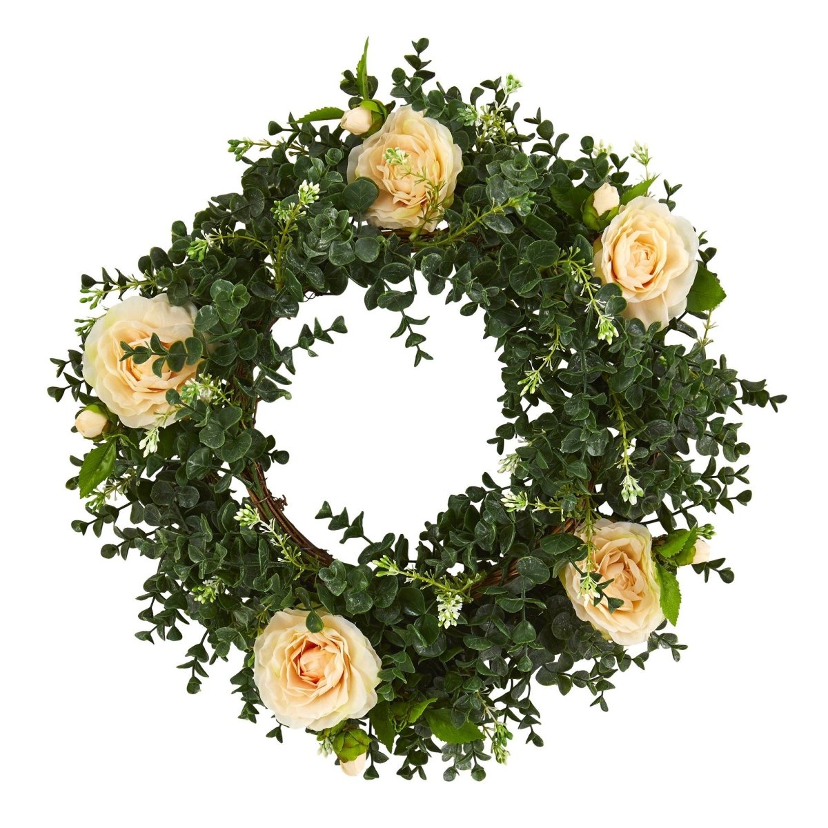 18” Eucalyptus and Camellia Double Ring Artificial Wreath with Twig Base - Ed's Plant Shop