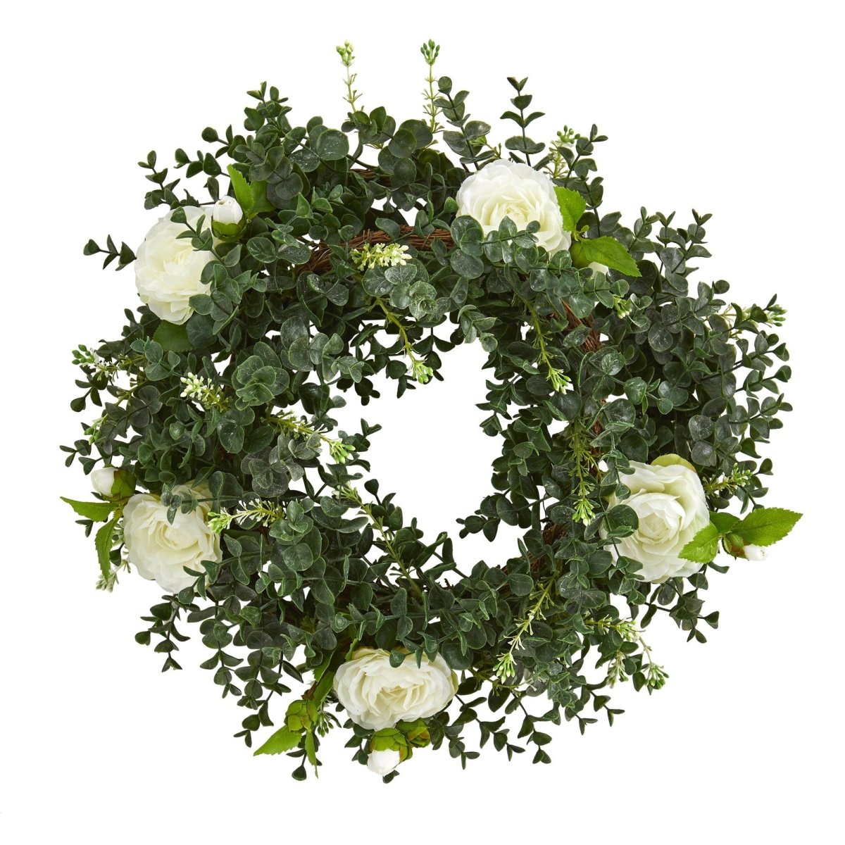 18” Eucalyptus and Camellia Double Ring Artificial Wreath with Twig Base - Ed's Plant Shop