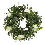 18” Eucalyptus and Camellia Double Ring Artificial Wreath with Twig Base - Ed's Plant Shop