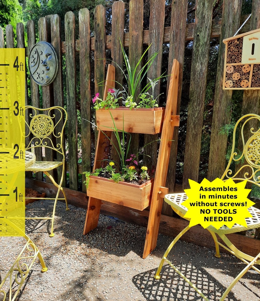 2 - Tier Vertical Cedar Ladder Planter Box for Small Spaces - Ed's Plant Shop