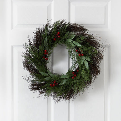 20” Cedar and Ruscus with Berries Artificial Wreath - Ed's Plant Shop