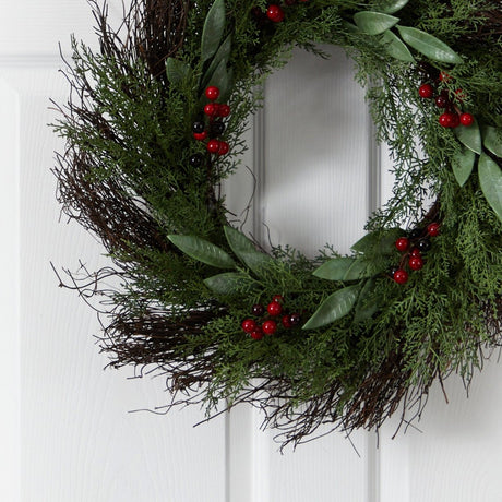 20” Cedar and Ruscus with Berries Artificial Wreath - Ed's Plant Shop