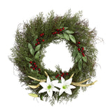 20” Cedar, Antlers, Lily and Ruscus with Berries Artificial Wreath - Ed's Plant Shop