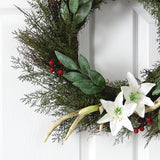 20” Cedar, Antlers, Lily and Ruscus with Berries Artificial Wreath - Ed's Plant Shop