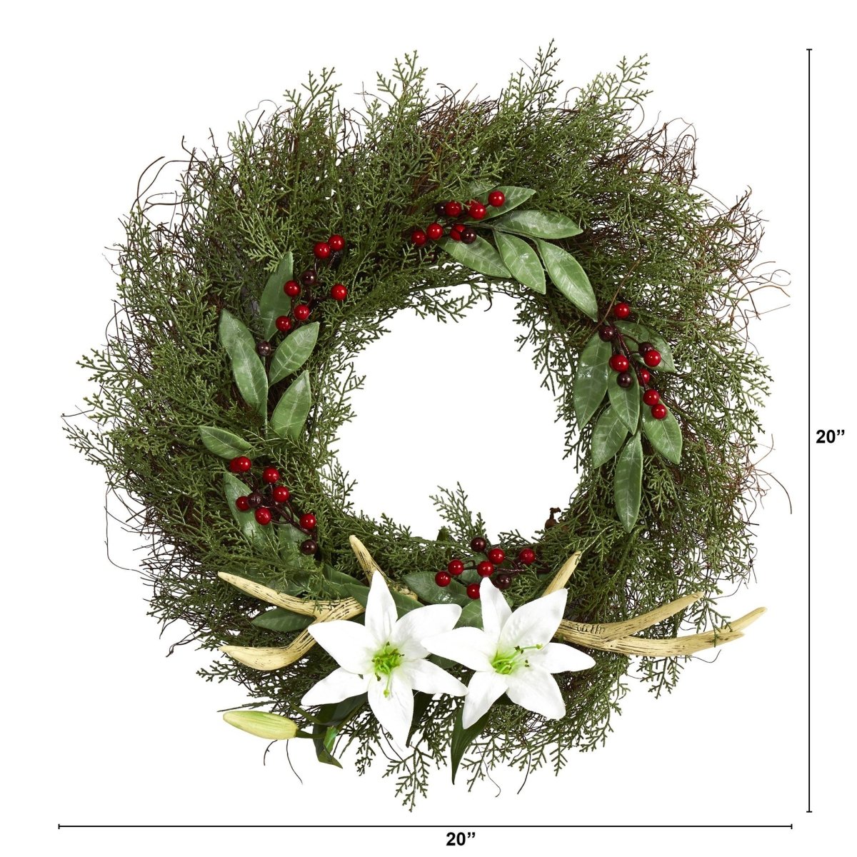 20” Cedar, Antlers, Lily and Ruscus with Berries Artificial Wreath - Ed's Plant Shop